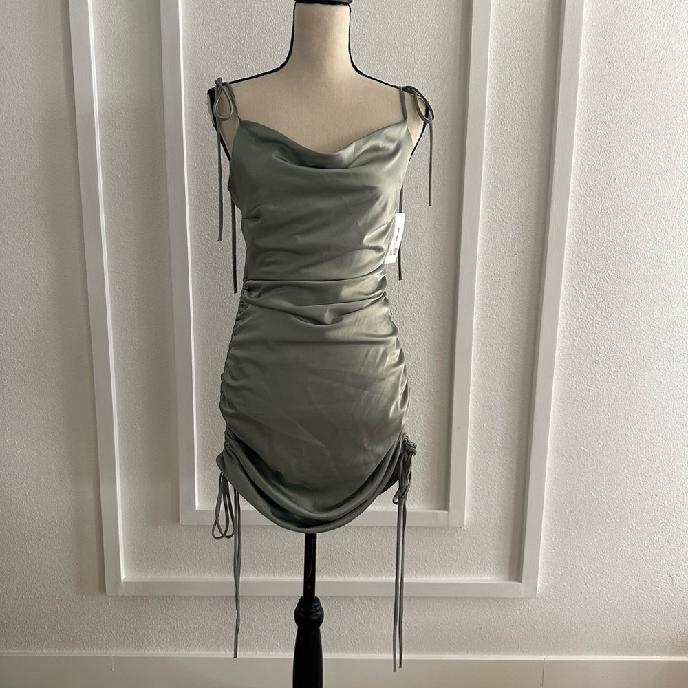 Sage Dress with Drawstring Sides